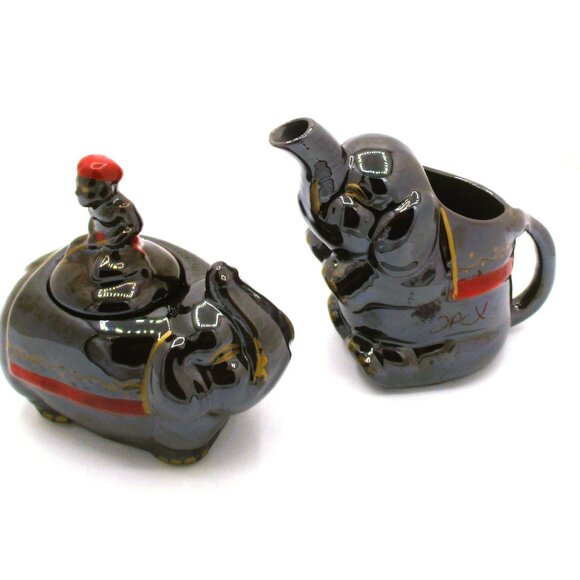 Vintage Elephant Boy Creamer Sugar Bowl Set Boy Figurine Lid Made In Japan - Picture 1 of 7